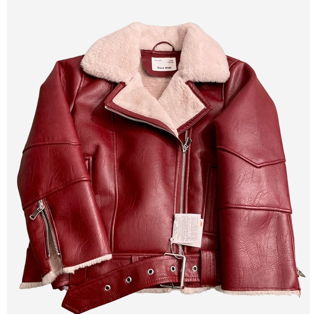 ZARA Kids Vegan leather faux fur Bordeaux color jacket size 9 New